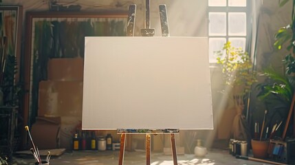 A blank canvas mockup displayed on an artist's easel in a sunlit studio