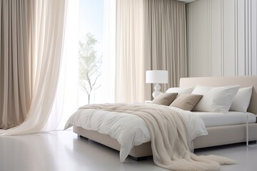 Fototapeta premium Sheer Curtain Bedroom Ideas: Minimalist Room with Big Window and Sheer Curtain Aesthetics
