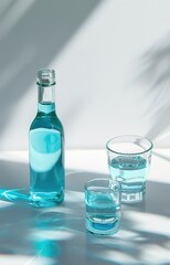 Elegant blue glass bottles illuminated by natural light, ideal for packaging drinks and cosmetics