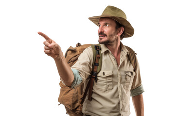 Fototapeta premium Adventurous Explorer in Safari Gear Pointing Forward on White Background