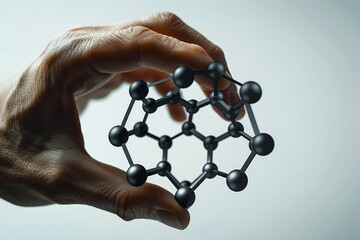 Scientist doctor hand touches virtual molecular structure in the lab. AI Generated.