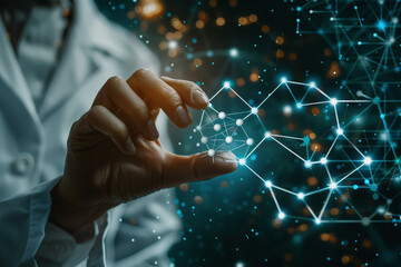 Scientist doctor hand touches virtual molecular structure in the lab. AI Generated.