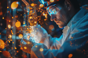 Scientist doctor hand touches virtual molecular structure in the lab. AI Generated.