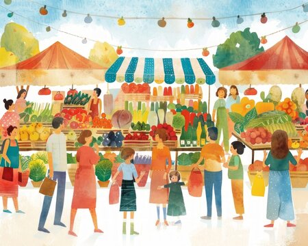 Vibrant watercolors bring to life a bustling farmers market scene, where fresh produce abounds and happy faces fill the air with joy and excitement.