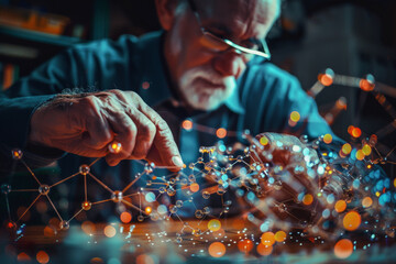 Scientist doctor hand touches virtual molecular structure in the lab. AI Generated.