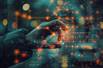 Fototapeta premium Scientist doctor hand touches virtual molecular structure in the lab. AI Generated.