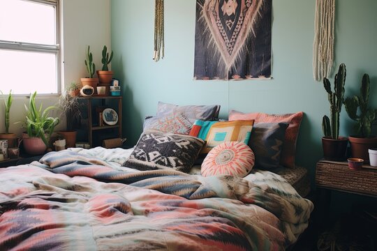 Pastel Tribal Print Bedding Set with Contrasting Cushions: Boho Bedroom Decor Excellence