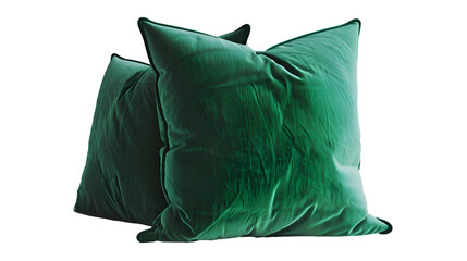  A pair of opulent emerald green velvet cushions arranged elegantly on a sleek, Transparent background