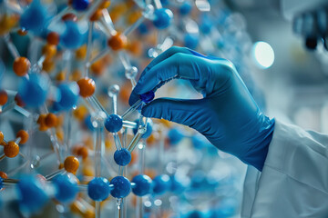 Scientist doctor hand touches virtual molecular structure in the lab. AI Generated.