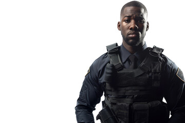 Fototapeta premium Serious Policeman in Uniform and Bulletproof Vest Standing Firm