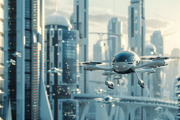 Fototapeta premium A 3D animator bringing to life a futuristic city backdrop background, filled with towering skyscrapers and flying cars, all designed with a unique, sleek aesthetic