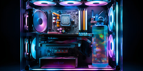 Modern style gaming pc with water cooling and lights.
