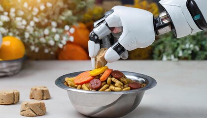 Robot hand putting food into the dog's food bowl and the Labrador dog in the background 