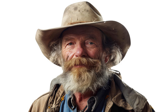 Cheerful Elderly Cowboy with Beard and Suede Hat Smiling