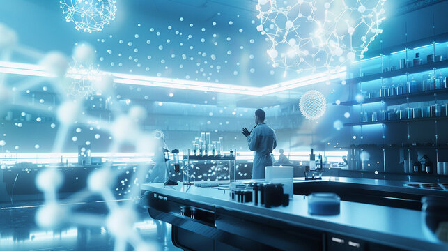 D animation of molecules interacting under the watchful eye of a scientist in a futuristic lab backdrop