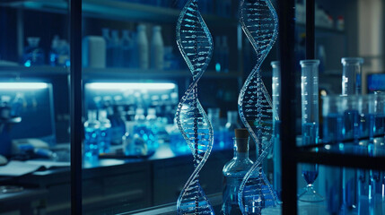 Dive into the world of genetic research with a representation of DNA strands inside a laboratory setting