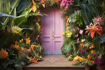 Fototapeta na wymiar Bright Tropical Plant Entryway Decor: Welcoming Home Office Jungle Vibe