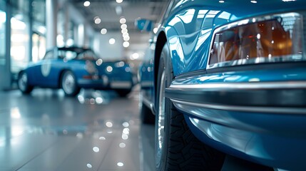 Sleek automobiles displayed in showroom. modern car sales gallery. focus on detail, luxury vehicles for sale. ideal for automotive backgrounds. AI - obrazy, fototapety, plakaty