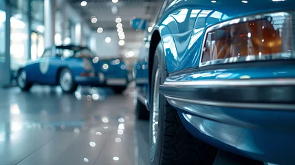 Fotobehang Sleek automobiles displayed in showroom. modern car sales gallery. focus on detail, luxury vehicles for sale. ideal for automotive backgrounds. AI © Irina Ukrainets