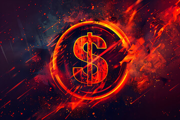 Fiery Dollar Sign Amidst Dynamic Red and Orange Explosive Background