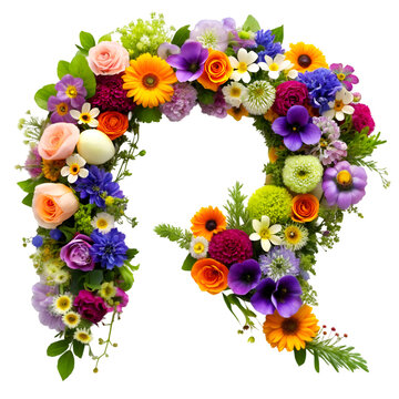 Floral Alphabet Letter R, Flowers Bouquet Isolated on Transparent Background
