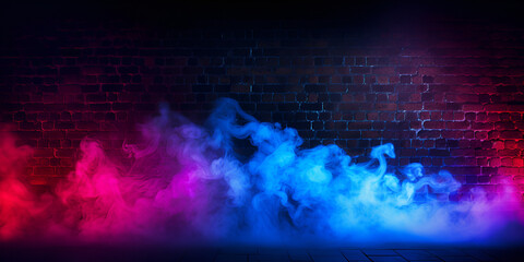 Neon Light and Multicolored Smoke on Brick Wall Background - Dark and Mysterious Concept - obrazy, fototapety, plakaty