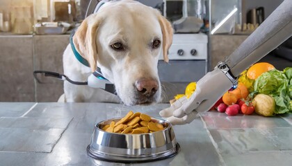 Robot hand putting food into the dog's food bowl and the Labrador dog in the background 