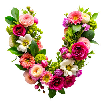 Floral Alphabet Letter V, flowers bouquet isolated on transparent background