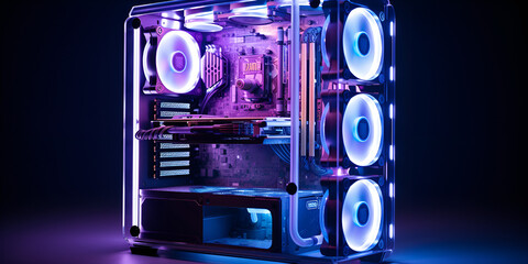 Modern style gaming pc with water cooling and lights.
 - obrazy, fototapety, plakaty
