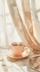 A quaint watercolor painting featuring a delicate coffee cup with playful polka dots, light dappling through sheer curtains
