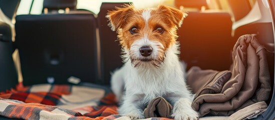 A small terrier dog is seated in the rear of a car, showcasing its carnivore nature and fluffy fur. It serves as a loyal companion toy dog during travel.