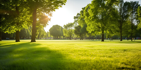 Beautiful warm summer widescreen natural landscape of park with a glade of fresh grass lit by sun
