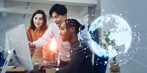 Mixed media of group of multinational businesspeople meeting in the office and global communication...