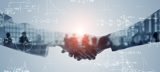 Mixed media of group of multinational engineers shaking hands and science technology concept....