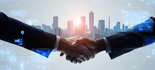 Mixed media of group of people shaking hands and digital technology concept. Business technology....