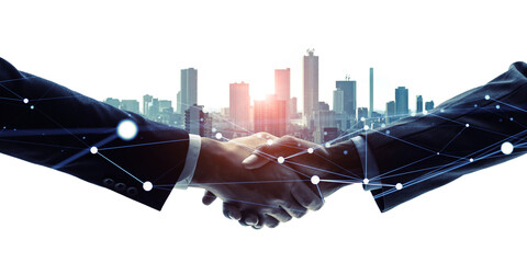 Mixed media of group of people shaking hands and communication network concept. Management strategy. Marketing. Wide angle visual for banners or advertisements.