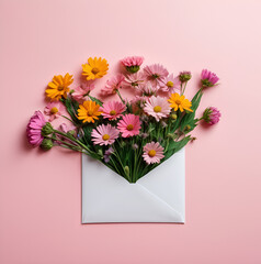 Obraz premium A white envelope with a lot of fresh flowers against the pastel pink background. Flat lay. Copy space. Minimal concept of love. Valentine’s pattern. Communication and messaging. 