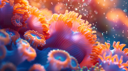 A dreamlike vista of coral polyps illuminated with a radiant, ethereal glow.  - obrazy, fototapety, plakaty