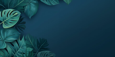 blue background with tropical leaves and empty space on right
