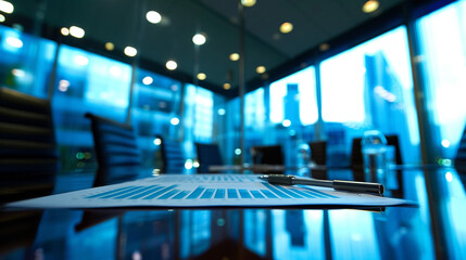 A boardroom discussion centered around an annual report presentation with executives reviewing key metrics milestones and goals achieved and discussing strategies for future growth and success