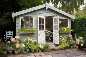 Fototapeta na wymiar painted garden shed in small English town house garden with pots of flowers