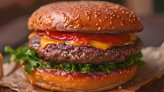 double cheeseburger with lettuce, tomato, onion, and melted american cheese with panoramic composition Copy space. Delicious fresh Fast food meat burger close up 4k video