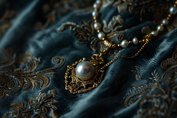 A close up view of a delicate gold necklace adorned with a single pearl resting on a bed of velvet Soft diffused light showcases the pearls iridescence and the intricate details of the goldwork - obrazy, fototapety, plakaty