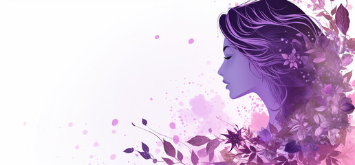 Image of a woman's profile in purple color, flowers and leaves. Place for advertising and ropywriting.