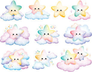 Set of Beautiful Sparkling Kawaii Star Characters Clipart