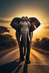 A big elephant walks on the road before sunset.