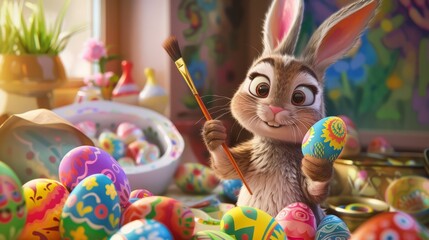  A cartoon bunny holding a paintbrush, painting Easter eggs with vibrant patterns.