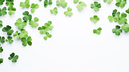 Frame of green clover leaves isolated on white background. Top view, copy space.	
