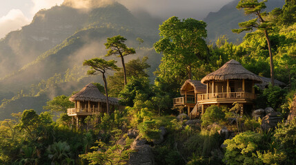A sustainable eco lodge nestled in a pristine natural environment offering immersive experiences that educate visitors about local ecosystems support conservation efforts and - obrazy, fototapety, plakaty