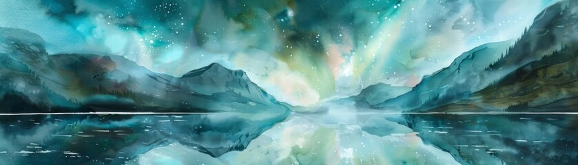 Imagination takes flight in a watercolor fantasy landscape, where a crystal-clear lake mirrors a sky ablaze with shimmering auroras, weaving a tapestry of otherworldly beauty.
